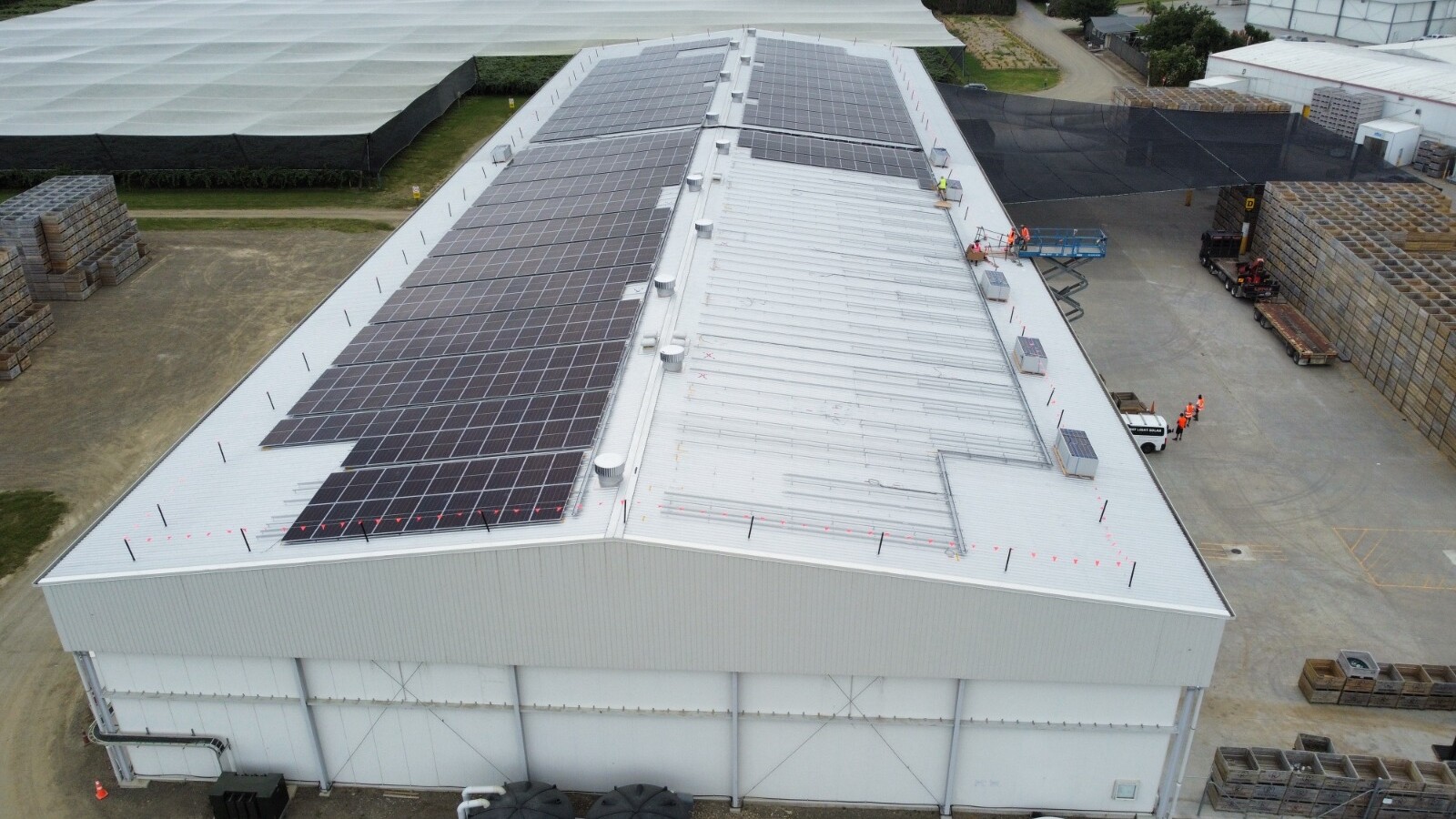 Rooftop solar installation progress at Kaiaponi Farms in Gisborne showing commercial solar panels