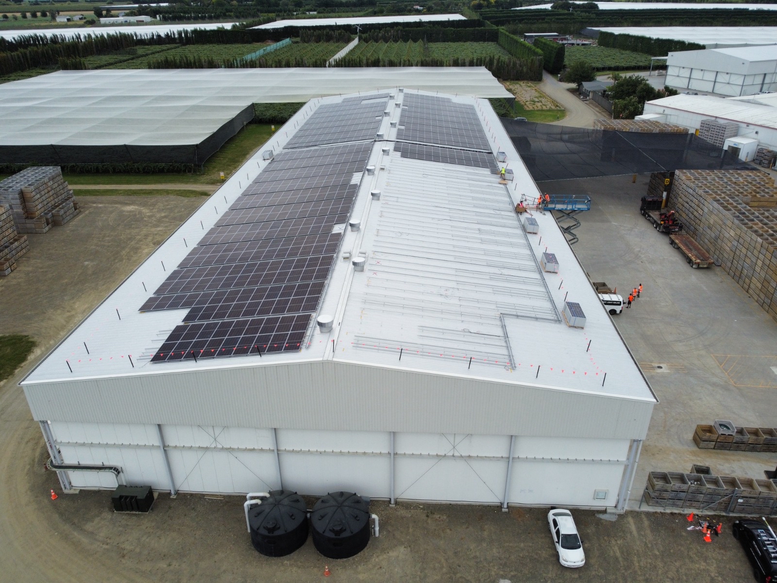 Rooftop solar installation progress at Kaiaponi Farms in Gisborne showing commercial solar panels